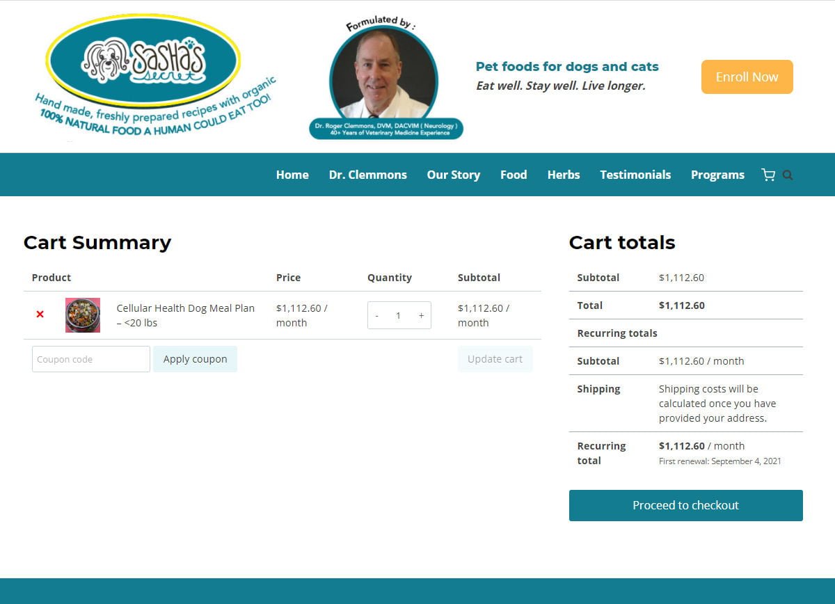 Sasha's Secret website shopping cart page