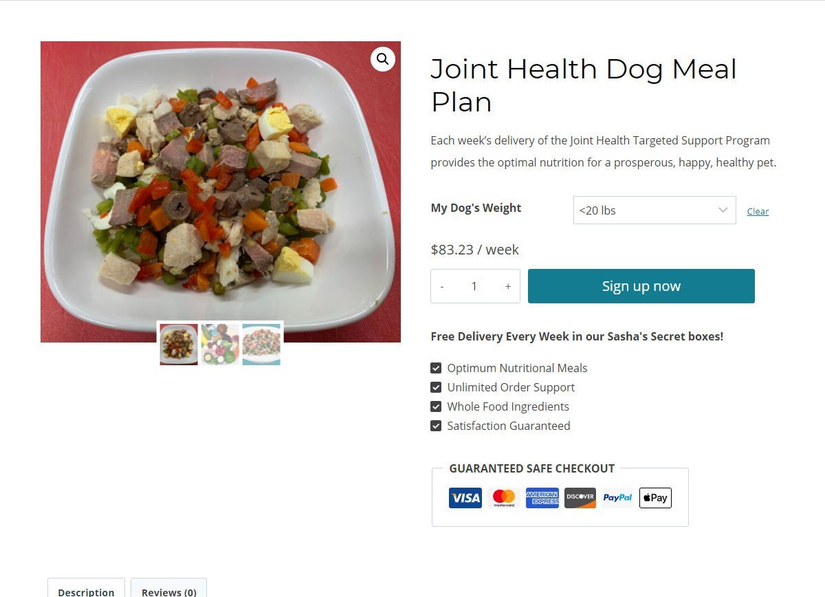 Sasha's Secret website meal plan page